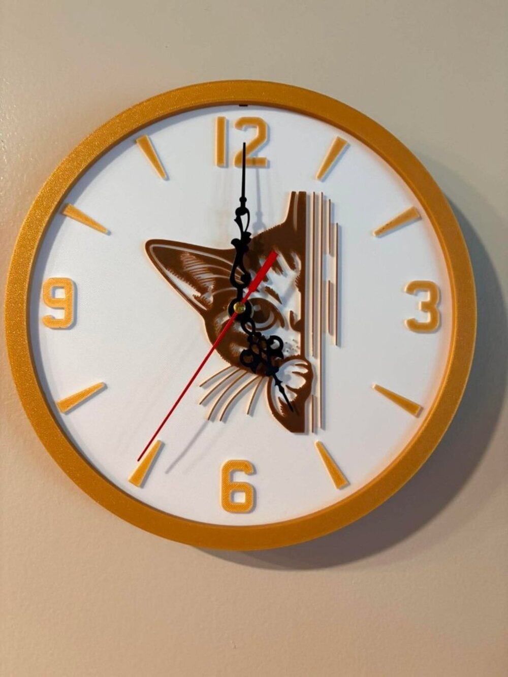 Peeking Kitten 3D Printed Retro 12 Hour Wall Clock Gold/White/Brown